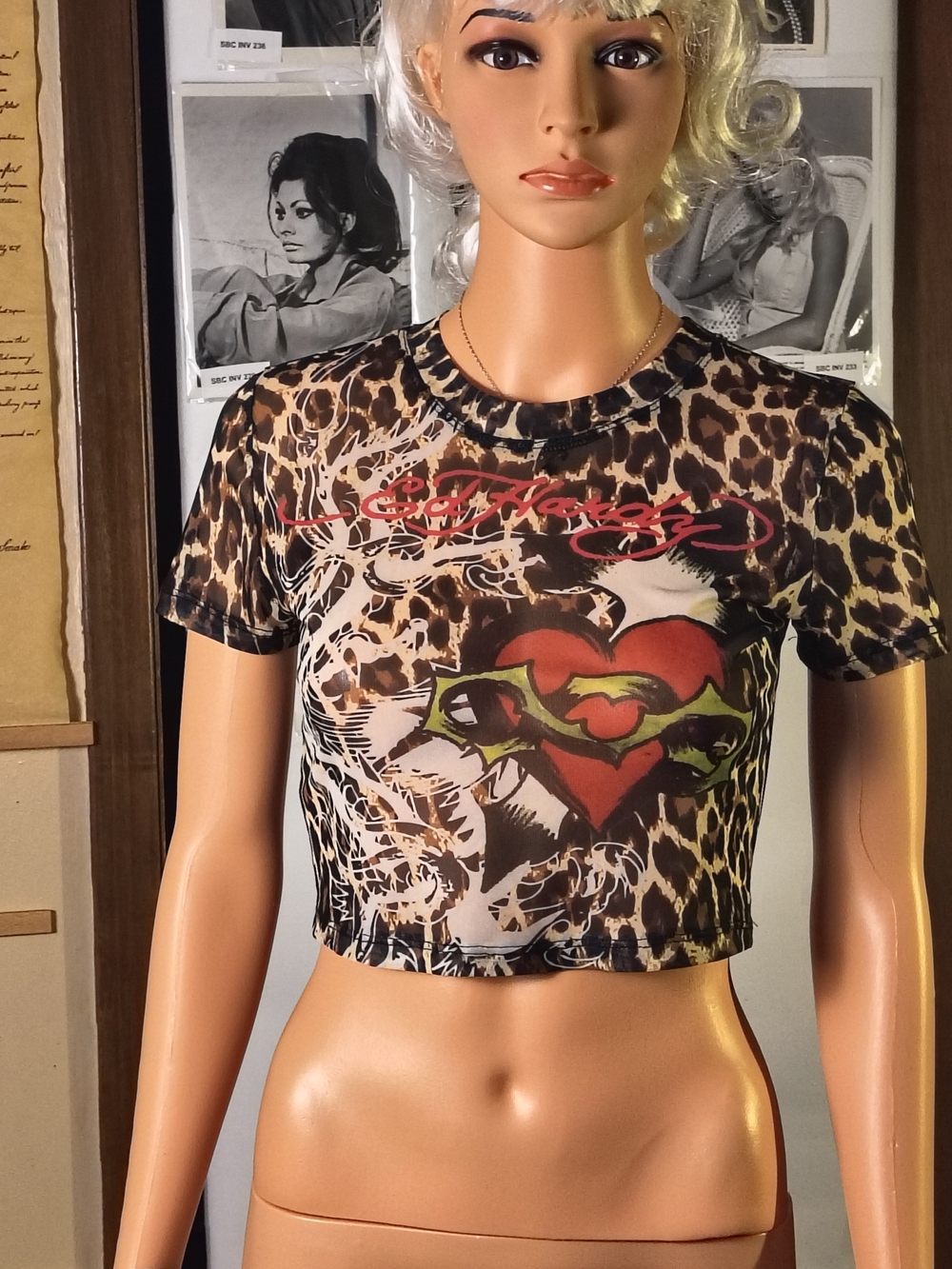 Ed Hardy Heart Power Leopard Mesh Y2K Cropped Baby Tee Women’s Small